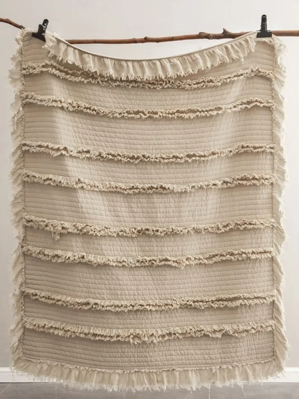 Textured Fringed Quilted Throw Blanket in Cream